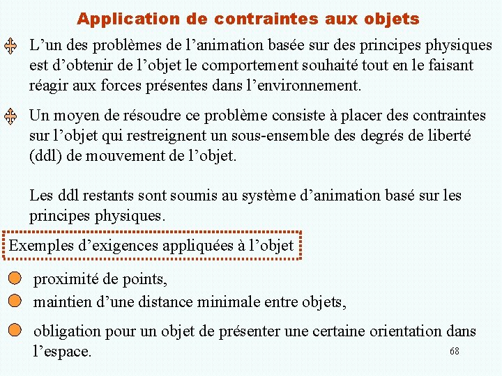 Application de contraintes aux objets L’un des problèmes de l’animation basée sur des principes