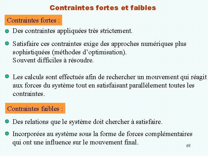 Contraintes fortes et faibles Contraintes fortes : Des contraintes appliquées très strictement. Satisfaire ces