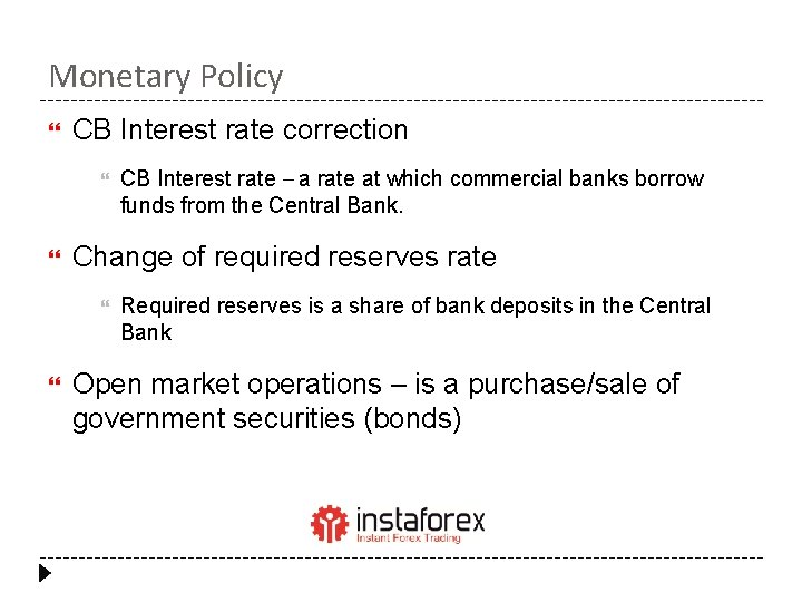 Monetary Policy CB Interest rate correction Change of required reserves rate CB Interest rate