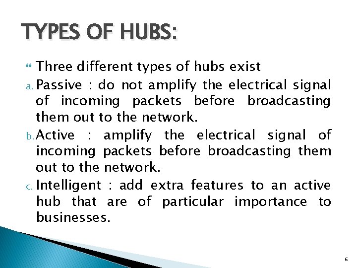 TYPES OF HUBS: Three different types of hubs exist a. Passive : do not TYPES OF HUBS: Three different types of hubs exist a. Passive : do not