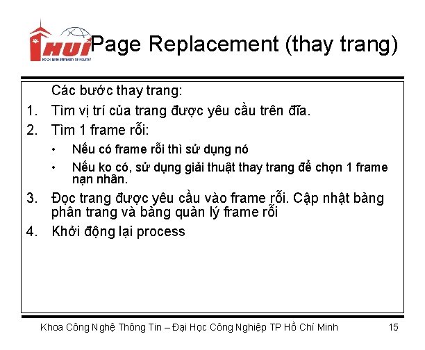 Page Replacement (thay trang) Các bước thay trang: 1. Tìm vị trí của trang