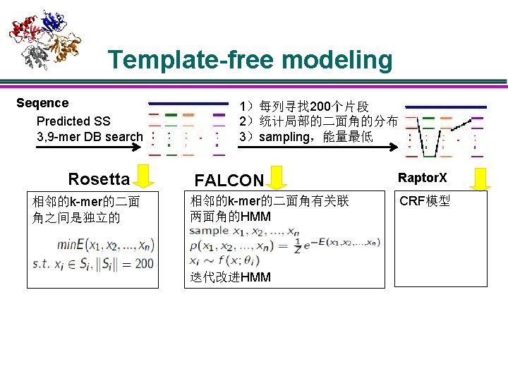 Template-free modeling Seqence Predicted SS 3, 9 -mer DB search Rosetta 相邻的k-mer的二面 角之间是独立的 1）每列寻找