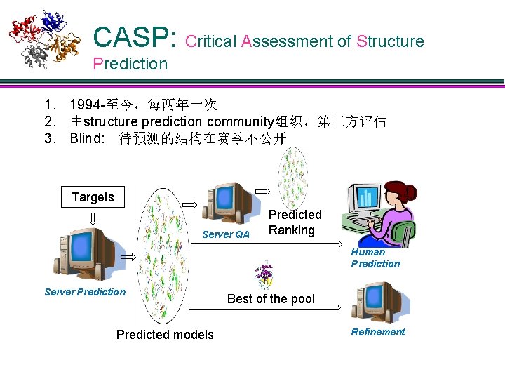 CASP: Critical Assessment of Structure Prediction 1. 1994 -至今，每两年一次 2. 由structure prediction community组织，第三方评估 3.
