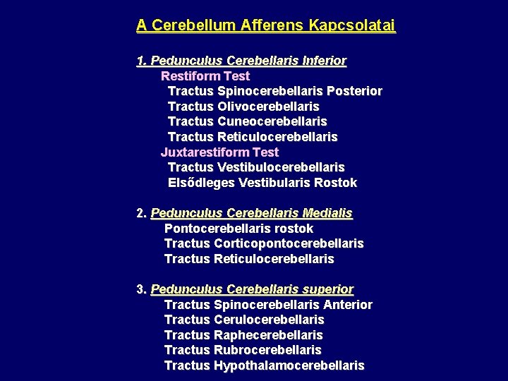 A Cerebellum Afferens Kapcsolatai 1. Pedunculus Cerebellaris Inferior Restiform Test Tractus Spinocerebellaris Posterior Tractus