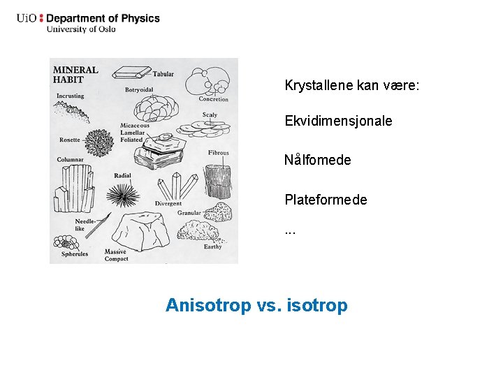 Krystallene kan være: Ekvidimensjonale Nålfomede Plateformede. . . Anisotrop vs. isotrop 