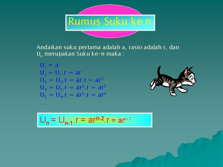 Rumus Suku ke n Andaikan suku pertama adalah a, rasio adalah r, dan Un