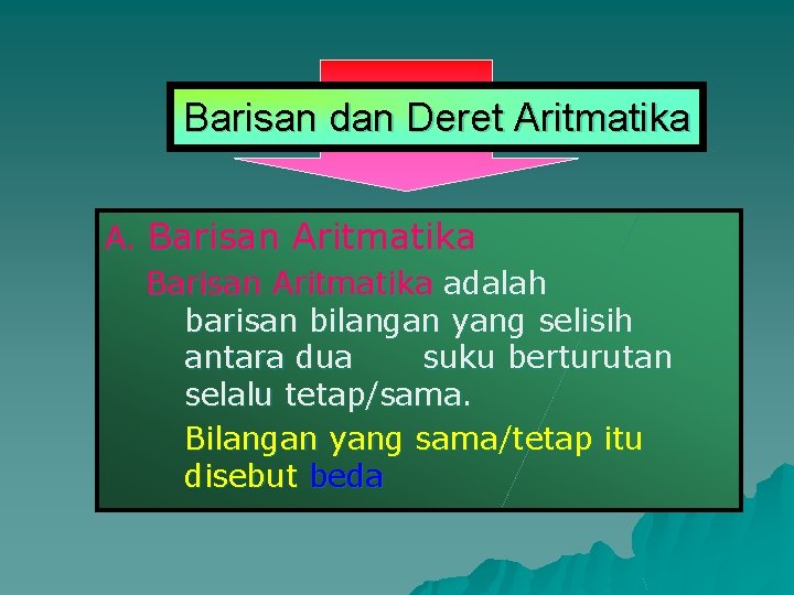 Barisan dan Deret Aritmatika A. Barisan Aritmatika adalah barisan bilangan yang selisih antara dua