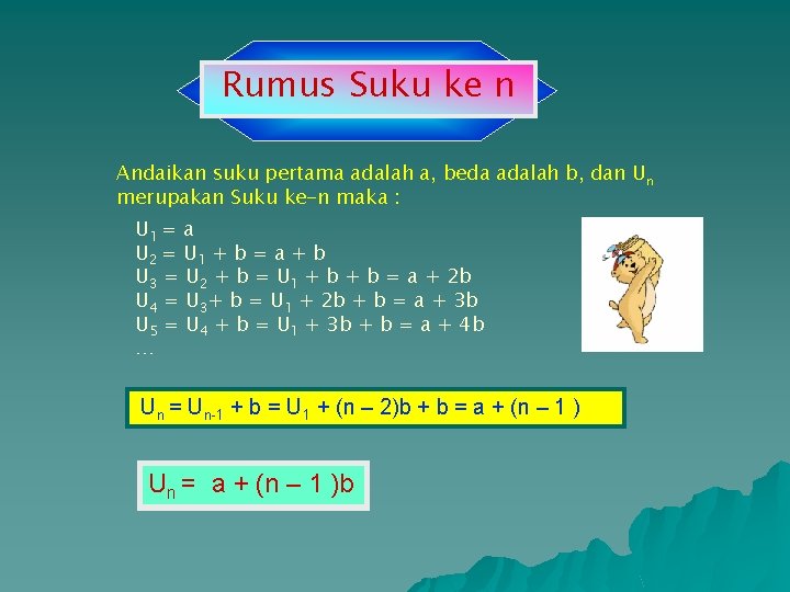 Rumus Suku ke n Andaikan suku pertama adalah a, beda adalah b, dan Un