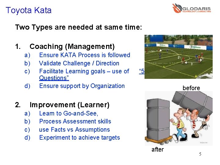 Toyota Kata Two Types are needed at same time: 1. Coaching (Management) a) b)