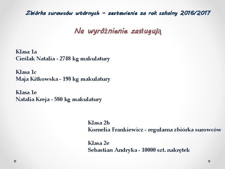 Zbiórka surowców wtórnych – zestawienie za rok szkolny 2016/2017 Na wyróżnienie zasługują Klasa 1