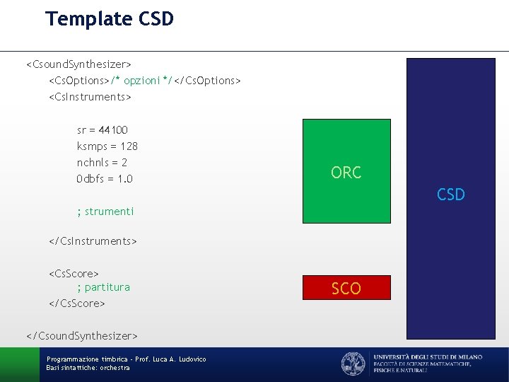 Template CSD <Csound. Synthesizer> <Cs. Options>/* opzioni */</Cs. Options> <Cs. Instruments> sr = 44100