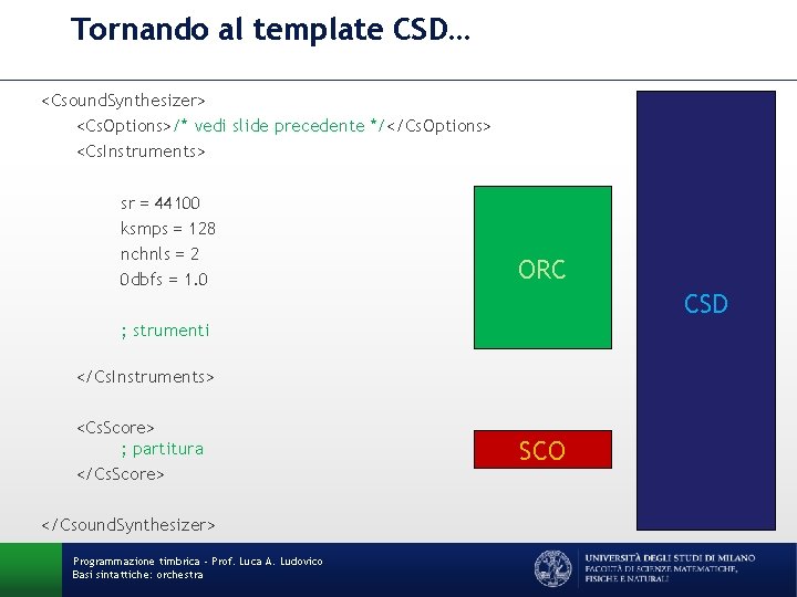 Tornando al template CSD… <Csound. Synthesizer> <Cs. Options>/* vedi slide precedente */</Cs. Options> <Cs.