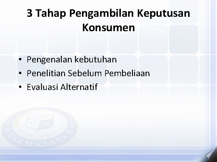 3 Tahap Pengambilan Keputusan Konsumen • Pengenalan kebutuhan • Penelitian Sebelum Pembeliaan • Evaluasi