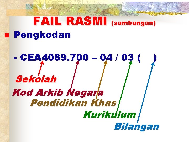 FAIL RASMI (sambungan) n Pengkodan - CEA 4089. 700 – 04 / 03 (