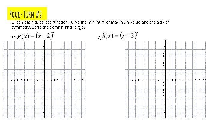 Your-Turn #2 Graph each quadratic function. Give the minimum or maximum value and the
