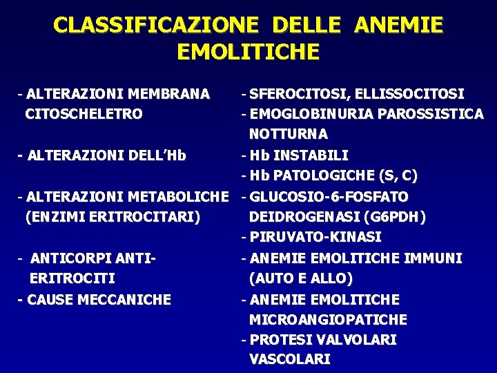 CLASSIFICAZIONE DELLE ANEMIE EMOLITICHE - ALTERAZIONI MEMBRANA CITOSCHELETRO - SFEROCITOSI, ELLISSOCITOSI - EMOGLOBINURIA PAROSSISTICA