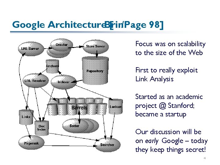 Google Architecture. Brin [ /Page 98] Focus was on scalability to the size of