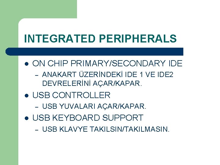 INTEGRATED PERIPHERALS l ON CHIP PRIMARY/SECONDARY IDE – l USB CONTROLLER – l ANAKART