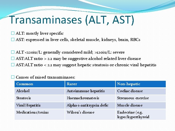 Transaminases (ALT, AST) � ALT: mostly liver specific � AST: expressed in liver cells,