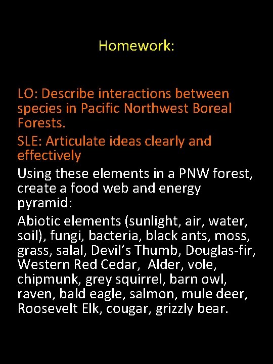 Homework: LO: Describe interactions between species in Pacific Northwest Boreal Forests. SLE: Articulate ideas