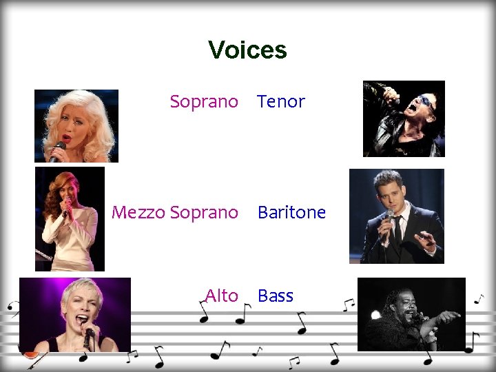 Voices Soprano Tenor Mezzo Soprano Baritone Alto Bass 