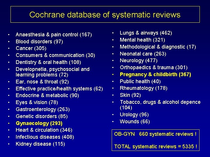 Cochrane database of systematic reviews • • • • Anaesthesia & pain control (167)