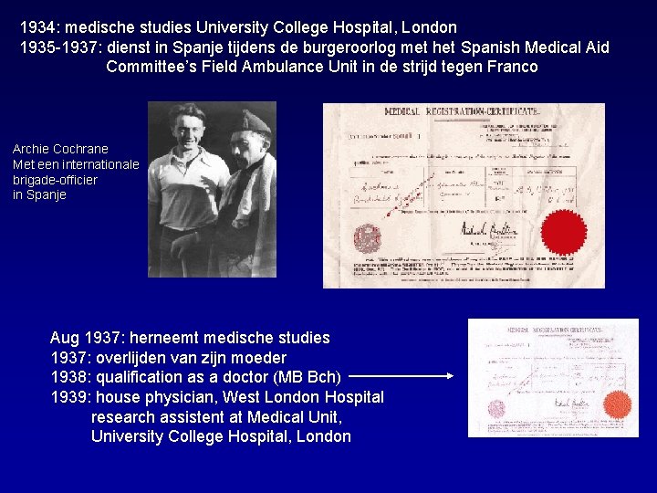 1934: medische studies University College Hospital, London 1935 -1937: dienst in Spanje tijdens de