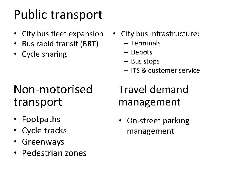 Public transport • City bus fleet expansion • Bus rapid transit (BRT) • Cycle