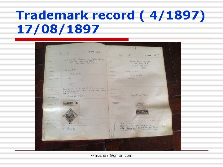 Trademark record ( 4/1897) 17/08/1897 wmushayi@gmail. com 