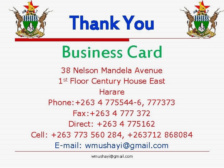 Thank You Business Card 38 Nelson Mandela Avenue 1 st Floor Century House East