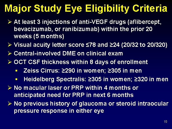 Major Study Eye Eligibility Criteria Ø At least 3 injections of anti-VEGF drugs (aflibercept,