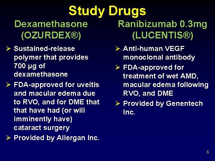 Study Drugs Dexamethasone (OZURDEX®) Ranibizumab 0. 3 mg (LUCENTIS®) Ø Sustained-release polymer that provides