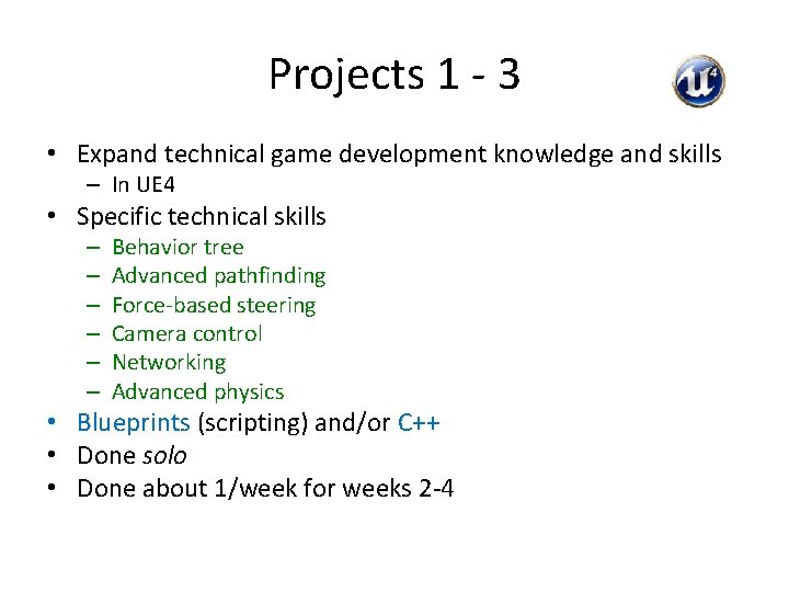 Projects 1 - 3 • Expand technical game development knowledge and skills – In