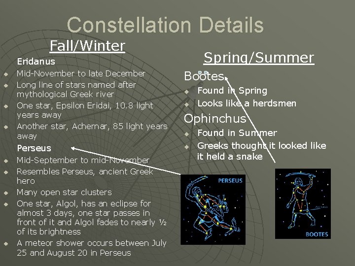 Constellation Details Fall/Winter Spring/Summer Eridanus u u u u u Mid-November to late December