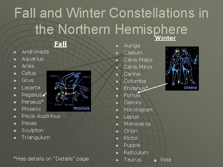 Fall and Winter Constellations in the Northern Hemisphere Winter Fall u u u u