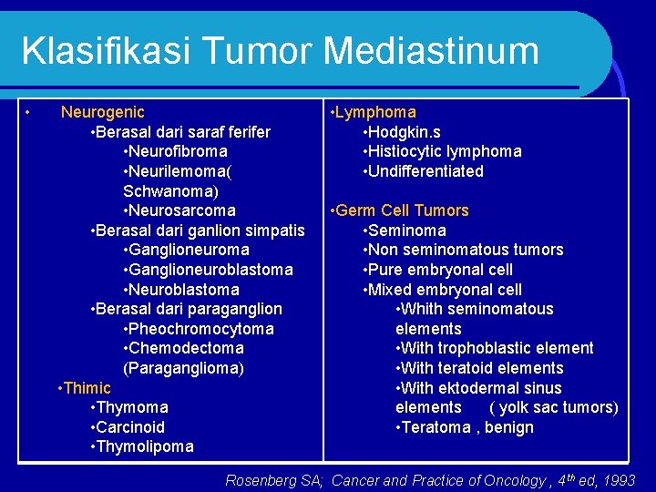 Klasifikasi Tumor Mediastinum • Neurogenic • Berasal dari saraf ferifer • Neurofibroma • Neurilemoma(