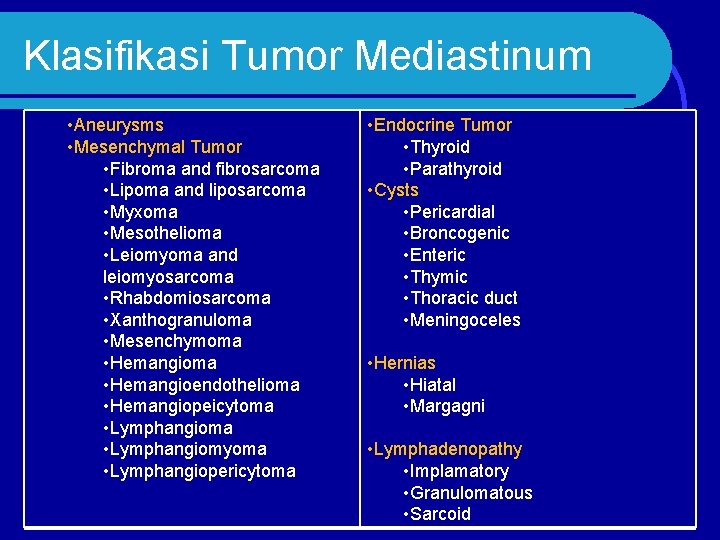 Klasifikasi Tumor Mediastinum • Aneurysms • Mesenchymal Tumor • Fibroma and fibrosarcoma • Lipoma