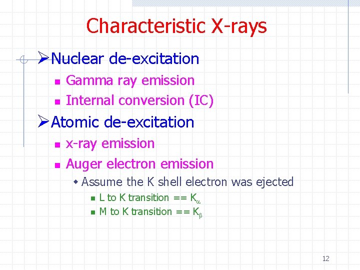 Characteristic X-rays ØNuclear de-excitation n n Gamma ray emission Internal conversion (IC) ØAtomic de-excitation