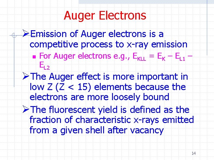 Auger Electrons ØEmission of Auger electrons is a competitive process to x-ray emission n