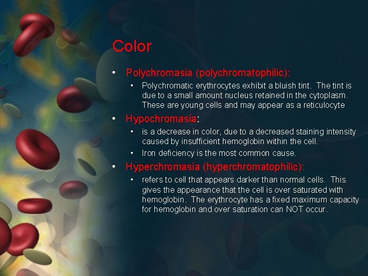 Color • Polychromasia (polychromatophilic): • Polychromatic erythrocytes exhibit a bluish tint. The tint is