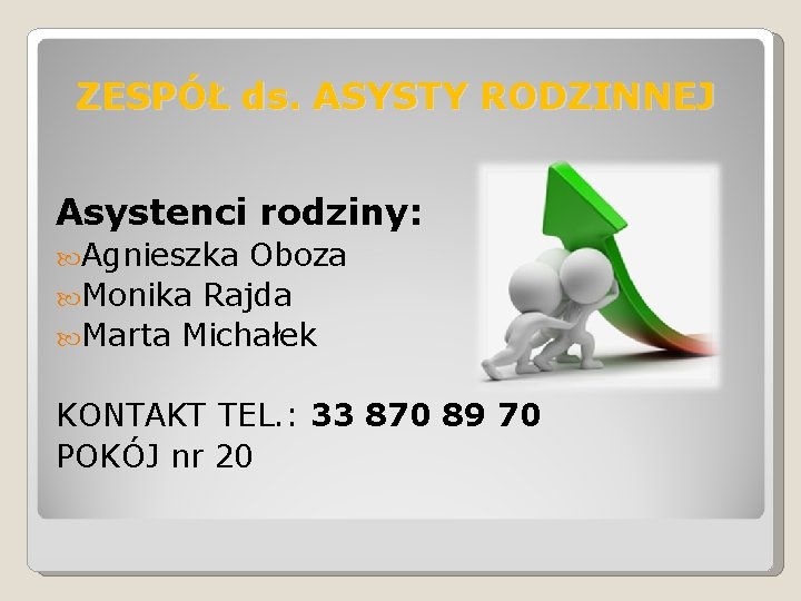 ZESPÓŁ ds. ASYSTY RODZINNEJ Asystenci rodziny: Agnieszka Oboza Monika Rajda Marta Michałek KONTAKT TEL. ZESPÓŁ ds. ASYSTY RODZINNEJ Asystenci rodziny: Agnieszka Oboza Monika Rajda Marta Michałek KONTAKT TEL.