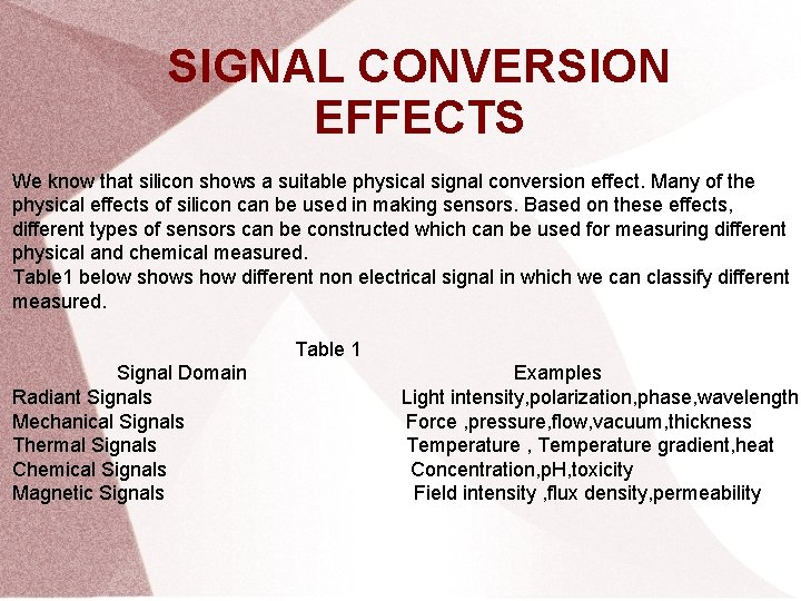 SIGNAL CONVERSION EFFECTS We know that silicon shows a suitable physical signal conversion effect.
