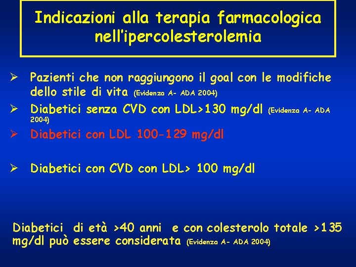 Indicazioni alla terapia farmacologica nell’ipercolesterolemia Ø Pazienti che non raggiungono il goal con le