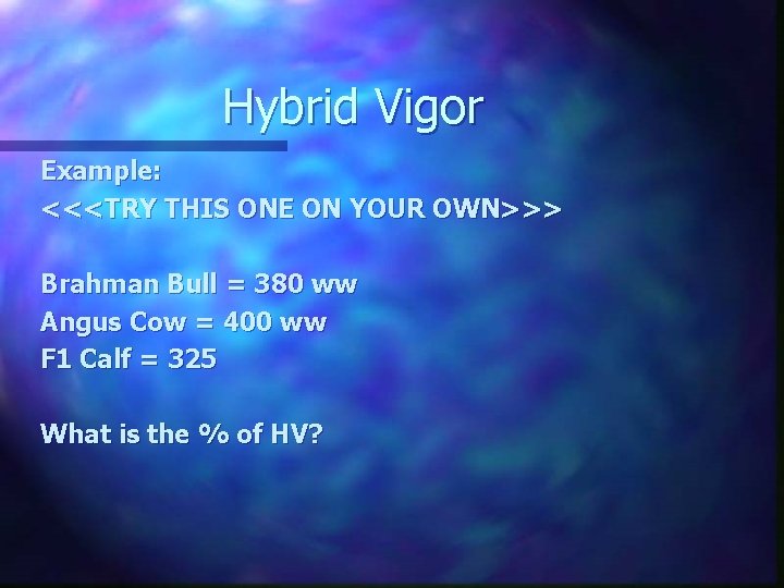 Hybrid Vigor Example: <<<TRY THIS ONE ON YOUR OWN>>> Brahman Bull = 380 ww