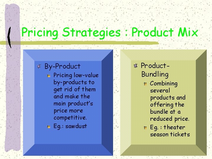 Pricing Strategies : Product Mix By-Product Pricing low-value by-products to get rid of them