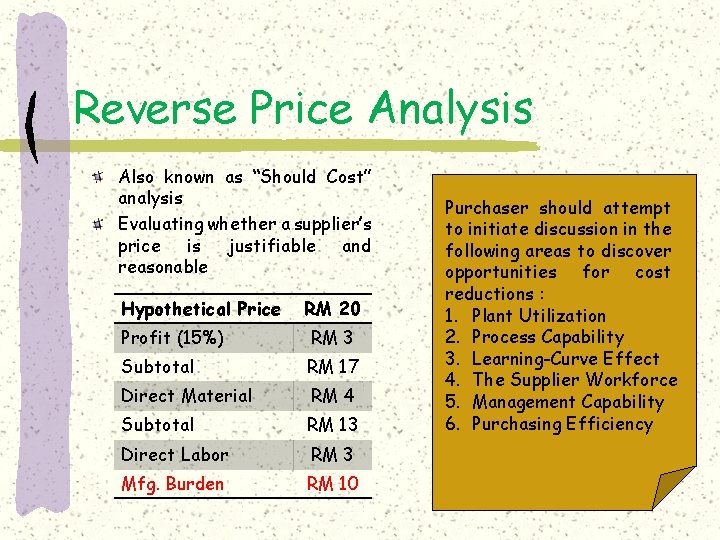 Reverse Price Analysis Also known as “Should Cost” analysis Evaluating whether a supplier’s price