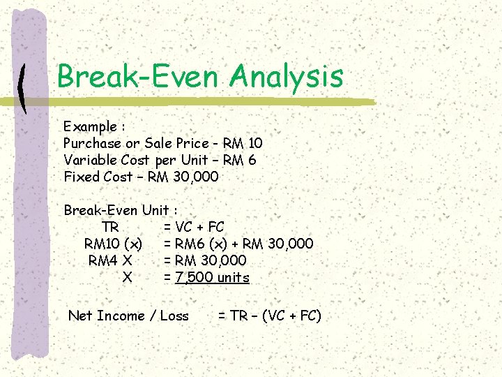 Break-Even Analysis Example : Purchase or Sale Price - RM 10 Variable Cost per