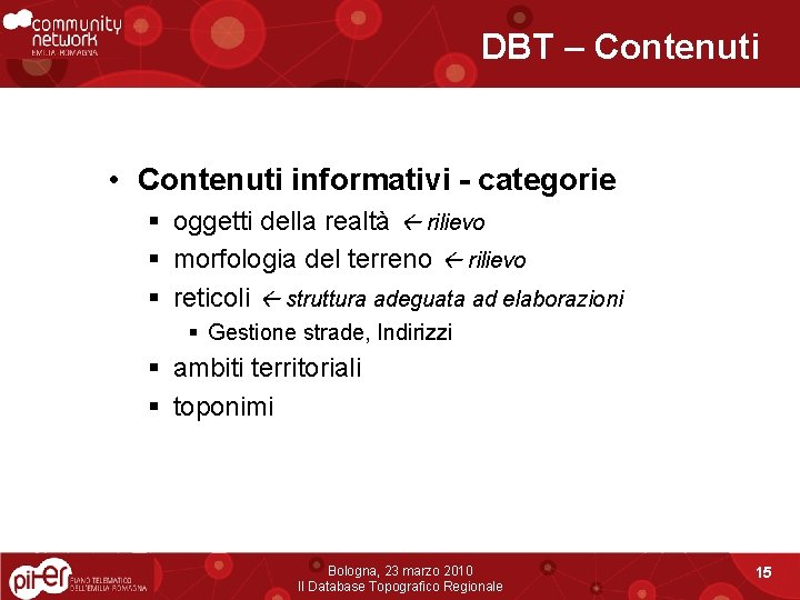 DBT – Contenuti • Contenuti informativi - categorie § oggetti della realtà rilievo §