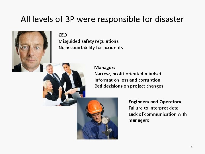 All levels of BP were responsible for disaster CEO Misguided safety regulations No accountability