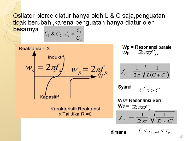 Osilator pierce diatur hanya oleh L & C saja, penguatan tidak berubah , karena